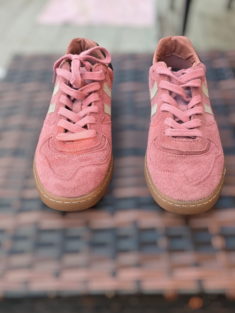 Coolway Pink Suede Lace-Up Sneakers with Cream Stripes